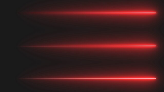 Three bright red glowing laser light beams shining horizontally across a dark background representing futuristic energy and high speed motion design elements