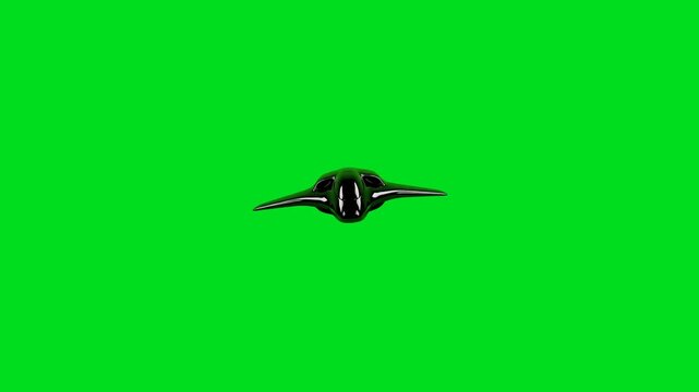 A sleek black futuristic aircraft flying against a bright green background