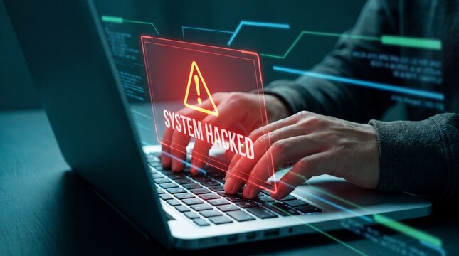 Hacker hands typing on a laptop keyboard with a digital system hacked warning sign on the screen
