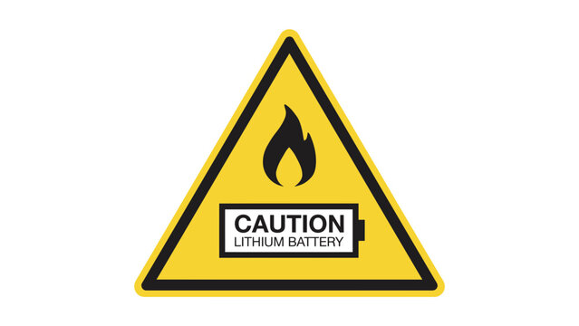 Bright yellow triangular caution sign featuring a lithium battery icon and a bold fire graphic element