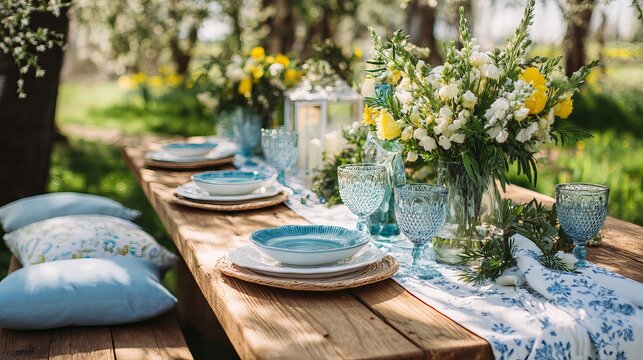 Beautiful outdoor dining table setting decorated with blue plates and yellow flowers under bright natural sunlight in garden meadow area