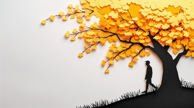 Paper Cut Art Autumn Tree with Golden Leaves and Walking Silhouette Solitude Concept