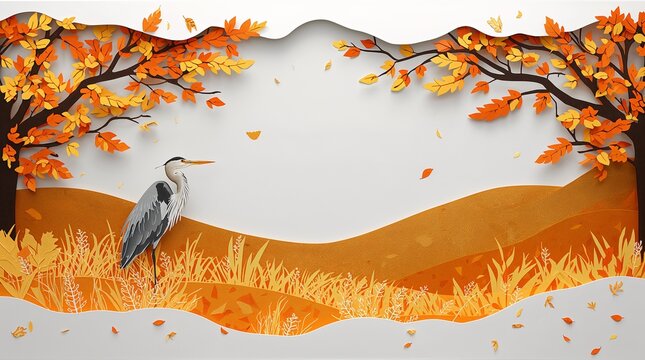 Paper Cut Art Heron Standing in Autumn Landscape with Falling Leaves Nature Concept