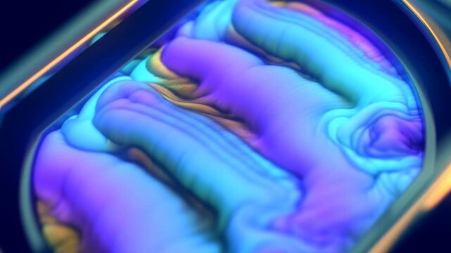 Glowing human brain viewed within illuminated geometric frame in abstract blue and purple light