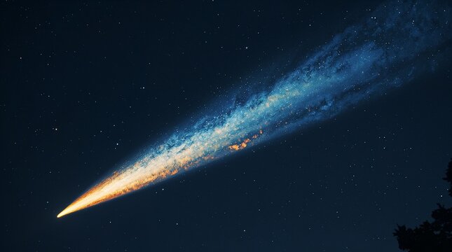 Blazing Comet Streaking Across Night Sky with Glowing Blue Tail Space Concept
