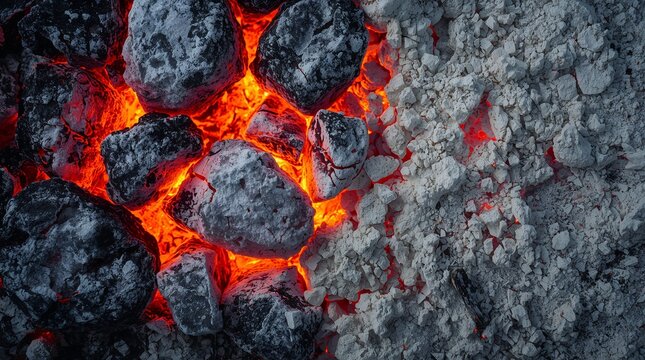 Glowing Hot Charcoal Embers Covered with White Ash Burning Heat Energy Concept