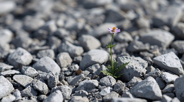 Single Pink Flower Blooming Through Gravel Rubble Resilience and Hope Concept