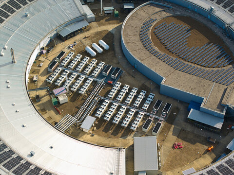 Aerial View of Research Facility Rooftop with Solar PV Array and Laboratory HVAC Ventilation Systems in the UK