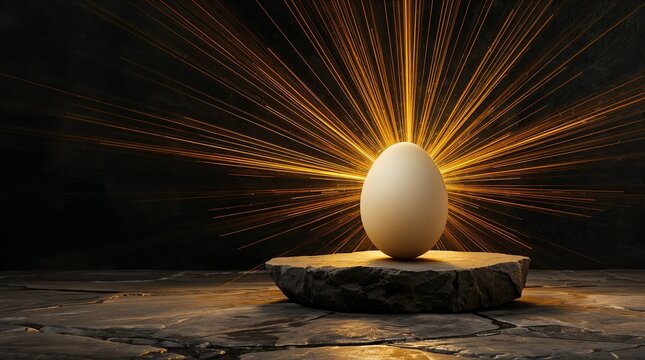 Glowing Egg on Stone Pedestal with Golden Radiant Light Beams New Beginning Concept