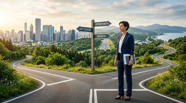 Woman at crossroads, choosing path: city, opportunity, growth, future, business