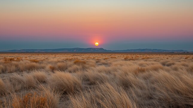 Golden Dry Grassland at Sunset with Pink Sky and Mesa Silhouette Landscape