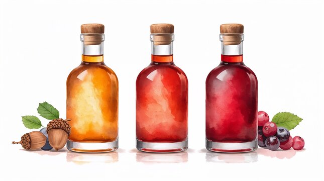 Autumn Fruit Liqueur Bottles with Acorns and Berries Watercolor Illustration Concept