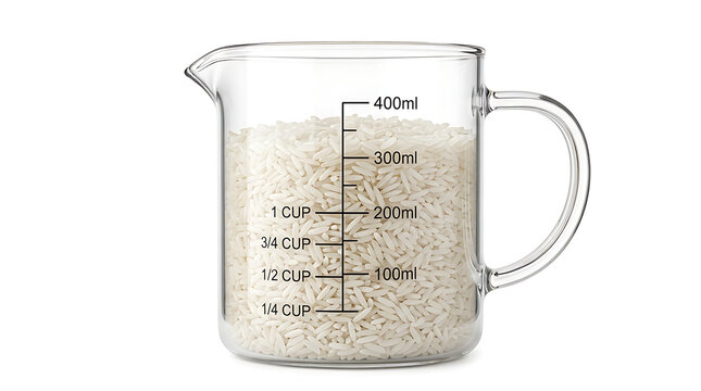 Glass measuring cup filled with rice grains isolated on transparent background