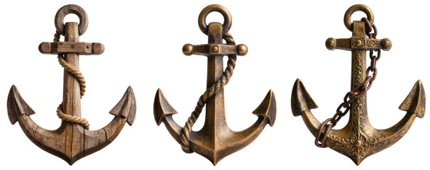 Three nautical anchors, one wooden and two metallic, isolated on a white background © Trieu