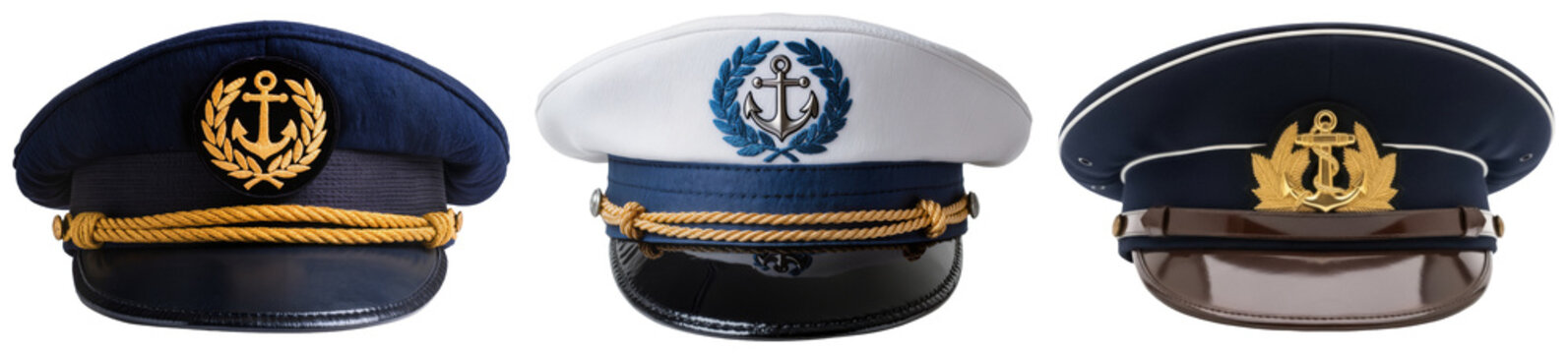 Three captain's hats with anchors, isolated on a white background