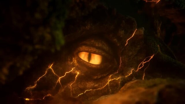 Glowing reptilian eye in a dark rocky cavern with fiery cracks across textured scales