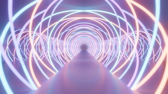Futuristic glowing neon light tunnel with abstract circular rings. Perfect for technology presentations, sci-fi content, and digital media backgrounds.