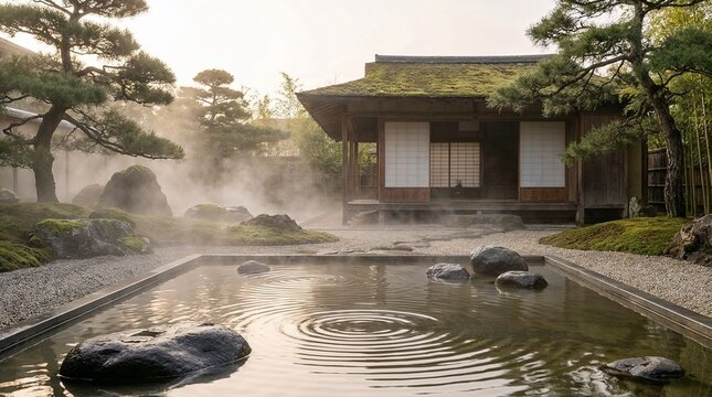 Traditional Japanese zen garden with a stone water basin, mossy rocks, and swirling gravel. Ideal for architecture magazines, wellness brochures, and interior design content.