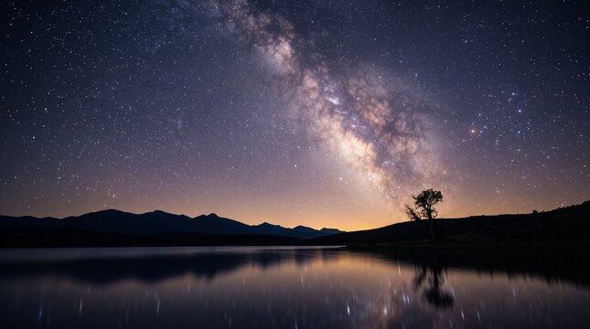 Milky Way galaxy shining over a quiet lake with a lonely tree silhouette against mountain range. Perfect for outdoor travel campaigns, astrophotography blogs, and serene nature content.