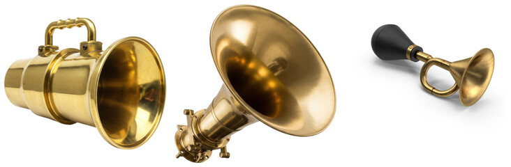 Collection of vintage brass horns and trumpets isolated on white background © Trieu