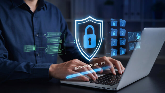 IT engineer working on laptop with hologram shield padlock and encrypted data folder security network