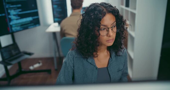 Group Adult male, female freelance typing write prompt AI bot IT app smart program nomad, video game, terminal with coding language, user interface, designer, big data center on desktop computer.