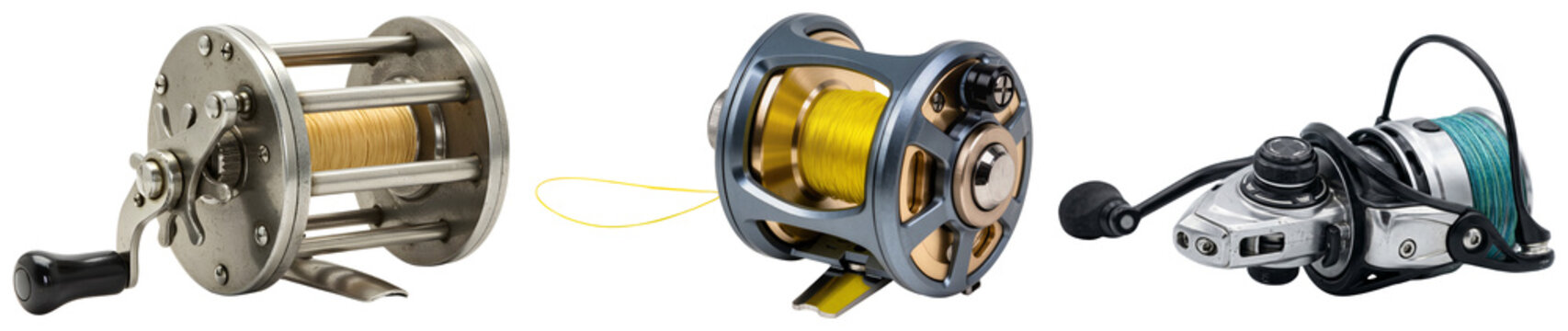 Three different fishing reels isolated on a white background