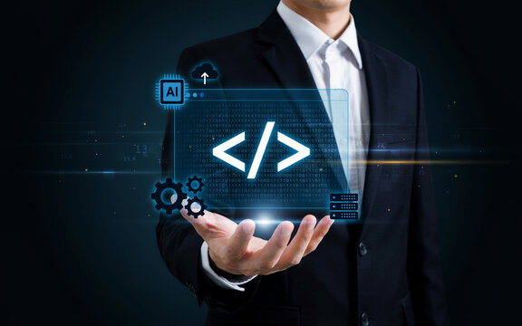 Developer holding interactive holographic programming code interface featuring cloud server and AI integration
