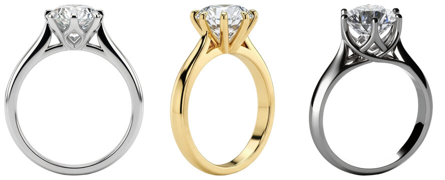 Three diamond engagement rings, one in yellow gold, one in white gold, and one in platinum, isolated on a white background.