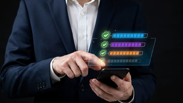Businessman presenting holographic software code interface with glowing programming tags and AI icon
