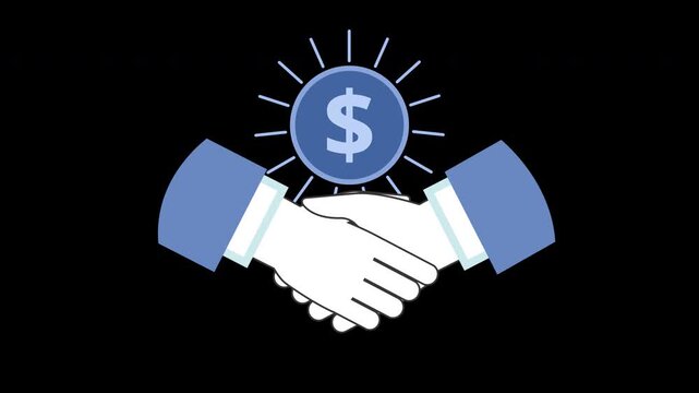 4K vector motion graphics animation of two businessmen handshaking with shining dollar coin isolated on transparent alpha channel background