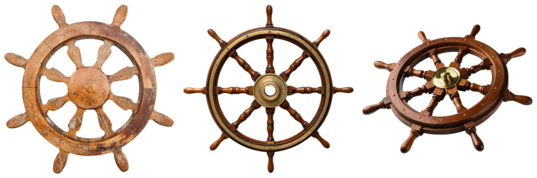 Three wooden ship steering wheels isolated on white background