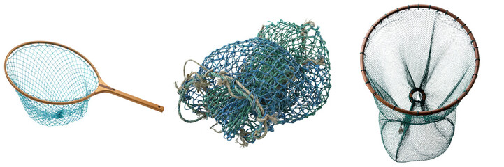 Three fishing nets, one with a wooden handle, isolated on a white background © Trieu