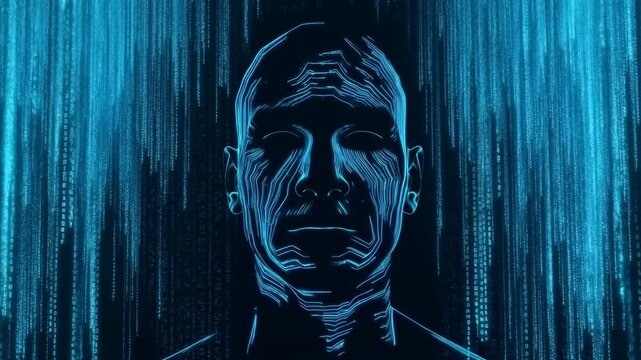 Glowing digital human face remains still against cascading blue code background