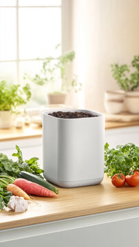Indoor compost setup with fresh vegetables and herbs on kitchen counter