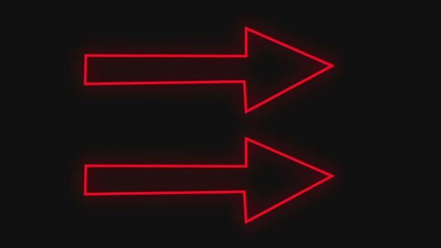 Two bright glowing red neon arrows pointing to the right side isolated on a dark black background showing simple direction signs for web design and graphics