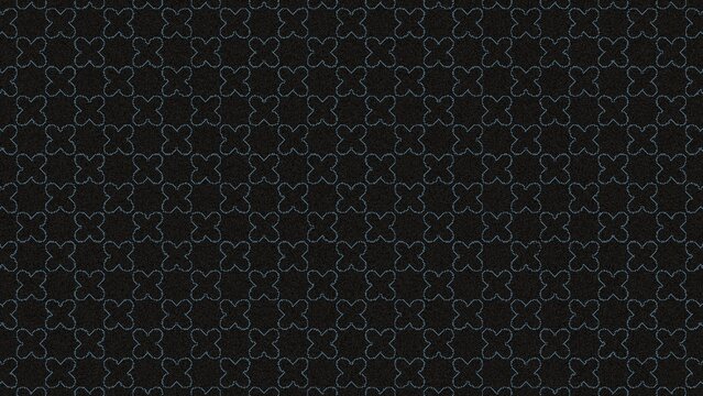 Outlined clover cross pattern in blue on black, dotted quatrefoil texture background