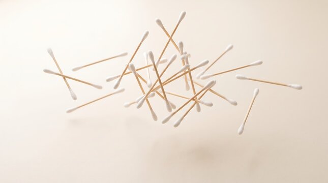 A group of wooden cotton swabs scattered and crossing mid air above a soft cream surface
