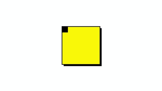 A heavy electric yellow border block with thick black stroke and offset shadow snap-slides from left bounces its drop shadow then slides out to the right