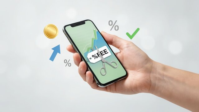 A hand holding a smartphone showing a financial graph with a scissors cutting a percentage fee tag, symbolizing cost reduction and savings