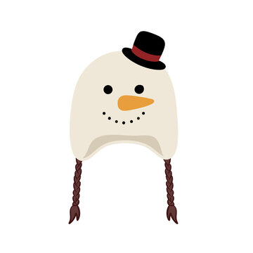 Cute snowman face winter hat with top hat and earflaps isolated on white background