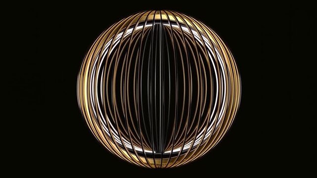 Abstract black and gold ring sphere suspended against a dark background with geometric symmetry