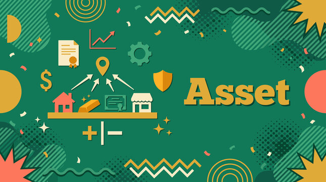 asset concept illustration with property, gold bar, business and investment portfolio icons banner