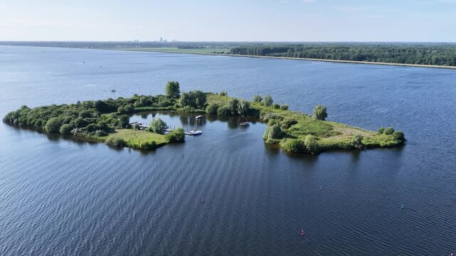 Netherland North Holland Huizen and Almere City Gooimeer Lake Island Recreation Boat Dock Dutch Wetland Aerial Drone 4K