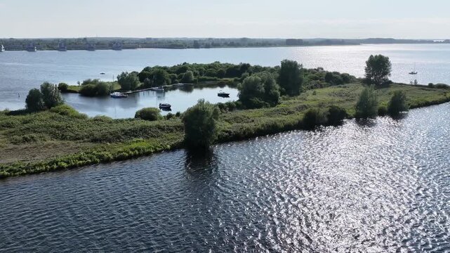 Netherland North Holland Huizen and Almere City Gooimeer Lake Island Recreation Boat Dock Dutch Wetland Aerial Drone 4K