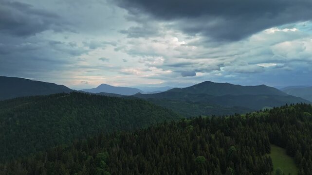 Panoramic Aerial View of Rainy Carpathian Mountains with Dark Storm Clouds