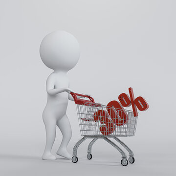 Stick man pushing a shopping cart isolated on white background