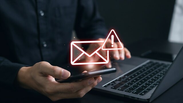 Businessman receiving phishing email scam alert on smartphone and laptop