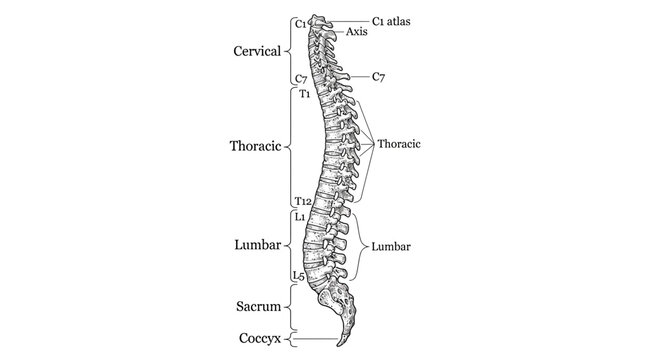 Anatomical illustration of the human vertebral column, showing cervical, thoracic, lumbar, sacrum, and coccyx regions.