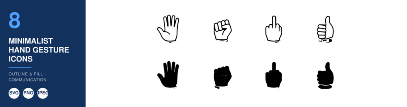 Minimalist Hand Gesture Icons Set, Outlining and Fill Communication Symbols Featuring Outline, Symbol